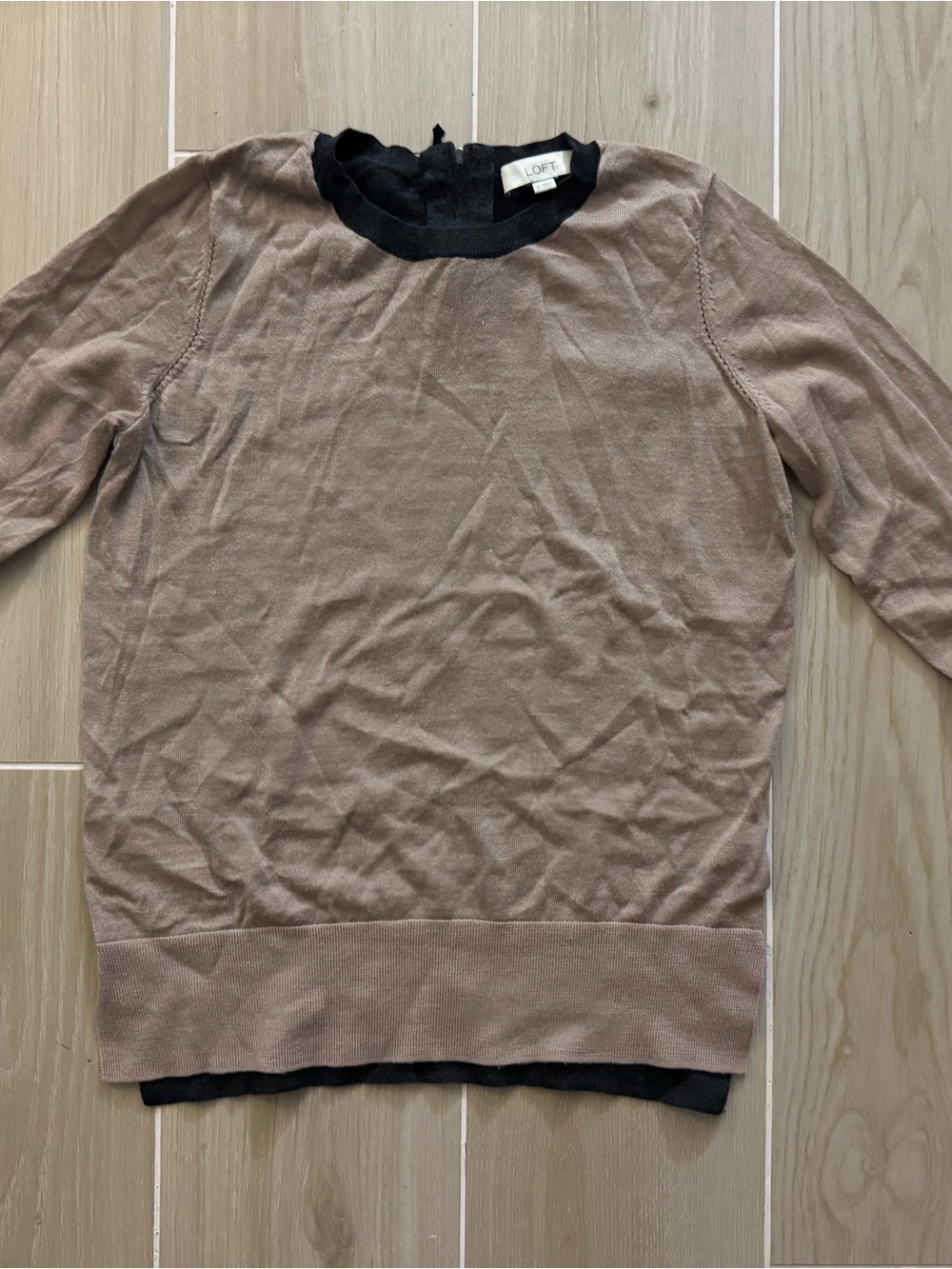 LOFT Taupe Crewneck Sweater with Black Trim